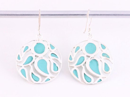 Ronde opengewerkte zilveren oorbellen met groene turkoois afbeelding 3