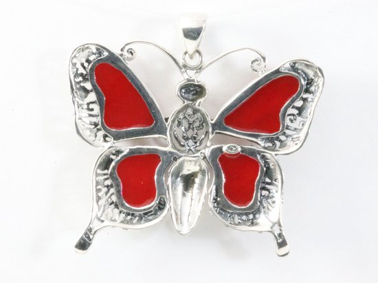 Grote zilveren vlinder hanger met rode koraal steen afbeelding 3