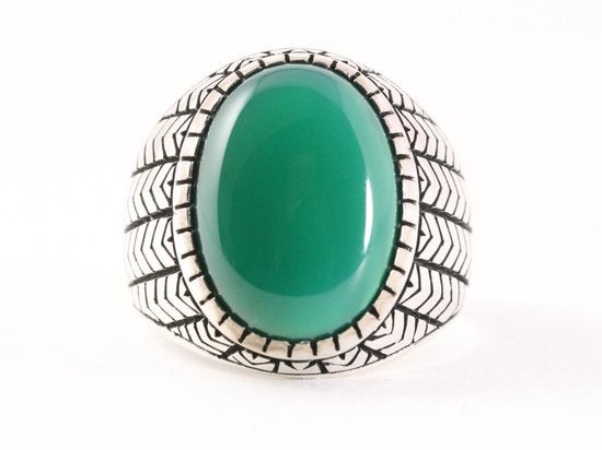 Bewerkte zilveren herenring met groene agaat afbeelding 4