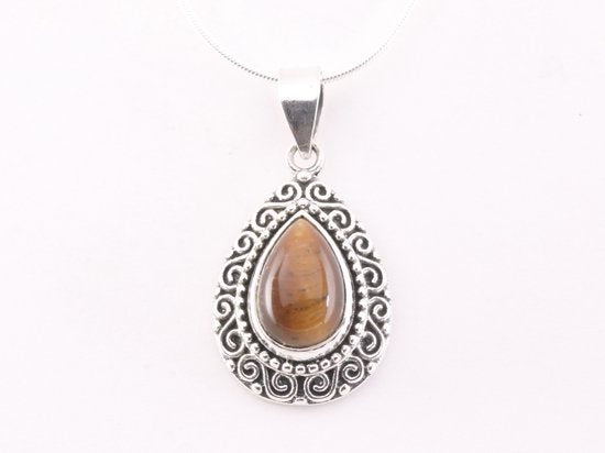 Bewerkte druppelvormige zilveren hanger met tijgeroog aan ketting afbeelding 1