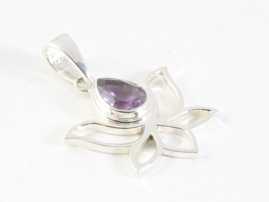 Opengewerkte zilveren lotus bloem hanger met amethist afbeelding 2
