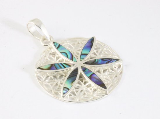 Ronde zilveren levensbloem hanger met abalone schelp afbeelding 2