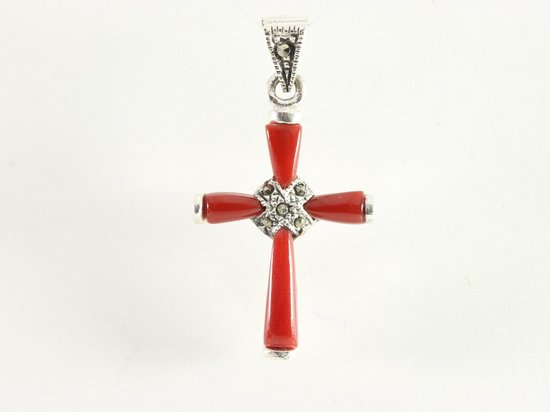 Fijne zilveren kruishanger met carneool en marcasiet afbeelding 3