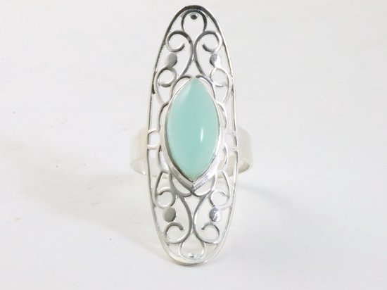Langwerpige opengewerkte zilveren ring met aqua chalcedoon afbeelding 4