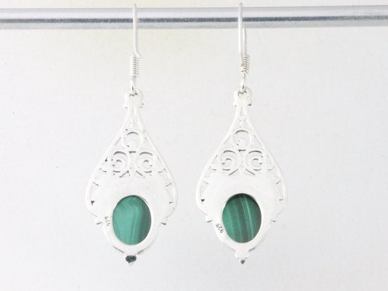 Lange opengewerkte zilveren oorbellen met malachiet afbeelding 2