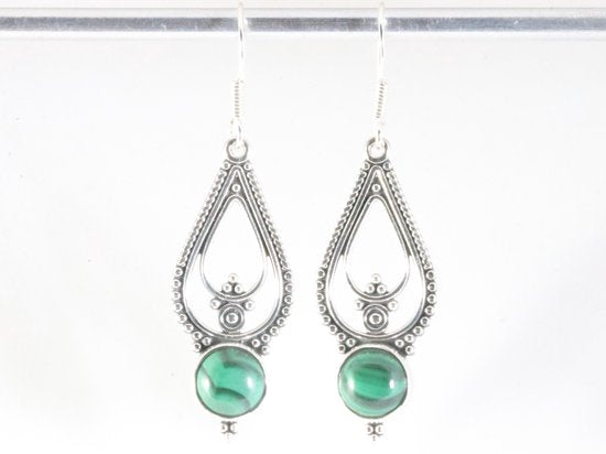 Lange opengewerkte zilveren oorbellen met malachiet afbeelding 4