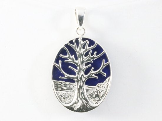 Ovale zilveren hanger met levensboom op lapis lazuli afbeelding 4