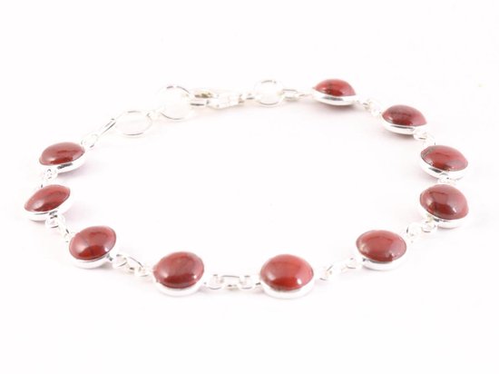 Fijne zilveren schakelarmband met rode jaspis afbeelding 2