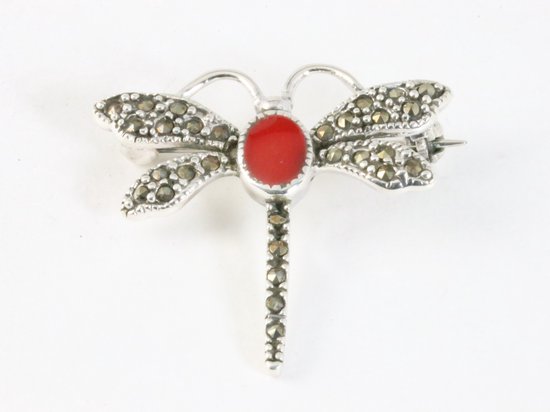 Zilveren libelle broche met carneool afbeelding 3