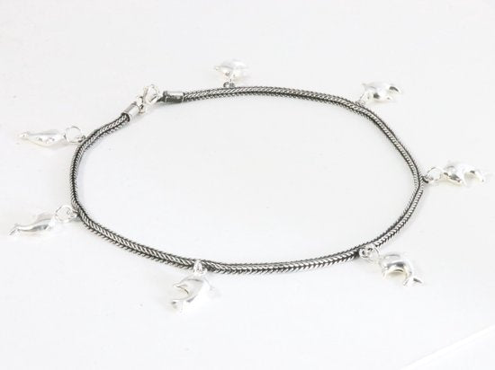 Zilveren enkelband met vossenstaart schakels en dolfijnen afbeelding 2