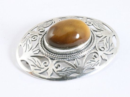 Grote opengewerkte zilveren broche met tijgeroog afbeelding 2