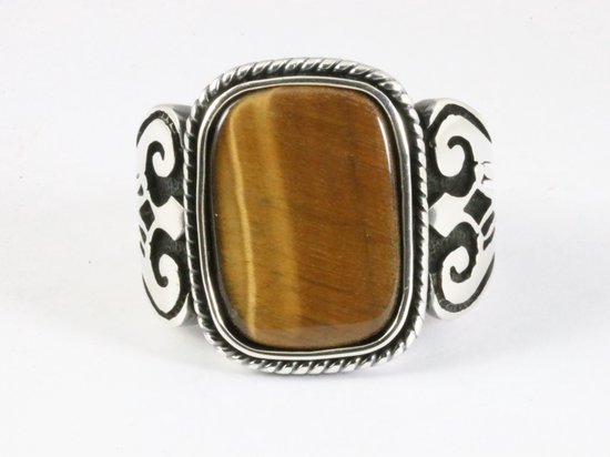 Zware bewerkte zilveren ring met tijgeroog afbeelding 4