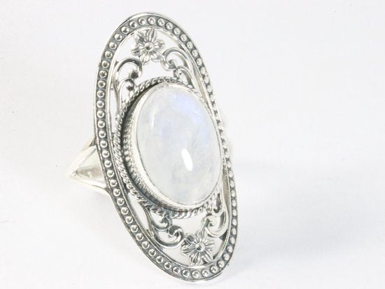 Langwerpige opengewerkte zilveren ring met regenboog maansteen afbeelding 1