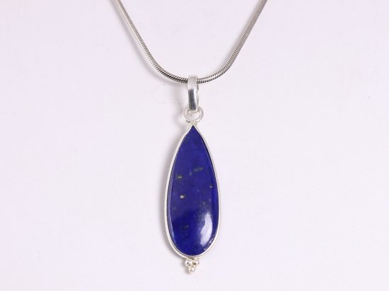 Lange druppelvormige zilveren hanger met lapis lazuli aan ketting afbeelding 3