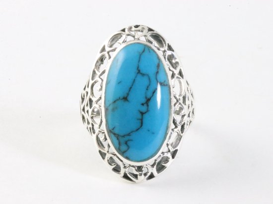 Grote opengewerkte zilveren ring met met blauwe turkoois afbeelding 4
