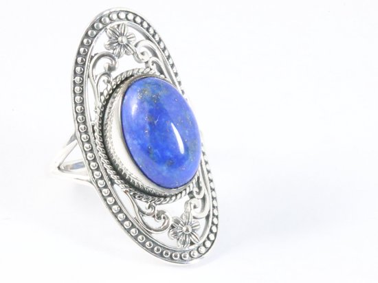 Langwerpige opengewerkte zilveren ring met lapis lazuli afbeelding 1
