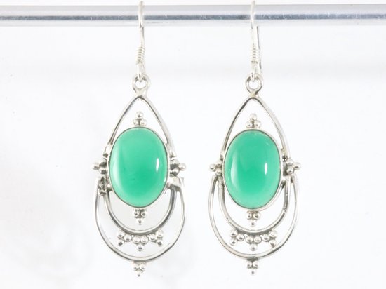Lange opengewerkte zilveren oorbellen met groene onyx afbeelding 4