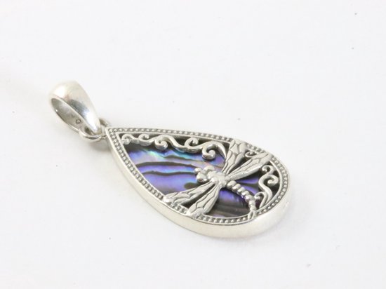 Druppelvormige zilveren hanger met libelle op abalone schelp afbeelding 2