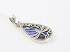 Druppelvormige zilveren hanger met libelle op abalone schelp afbeelding 2