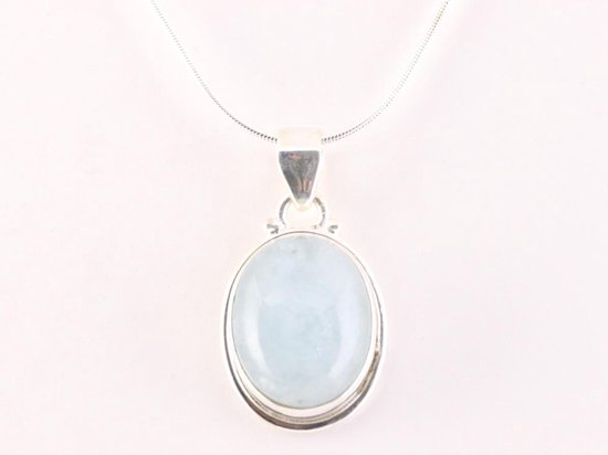 Ovale zilveren hanger met aquamarijn aan ketting afbeelding 4