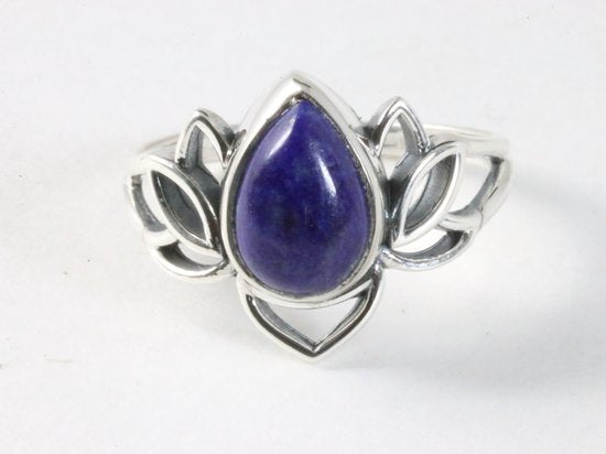 Opengewerkte zilveren lotus bloem ring met lapis lazuli afbeelding 4