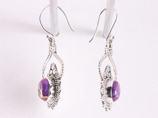 Bewerkte zilveren oorbellen met paarse koperturkoois afbeelding 2