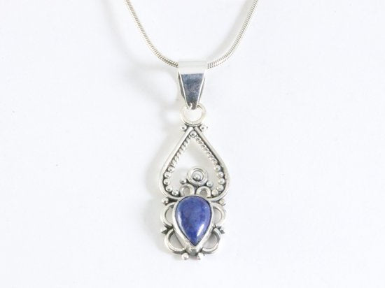 Fijne opengewerkte zilveren hanger met lapis lazuli aan ketting afbeelding 4