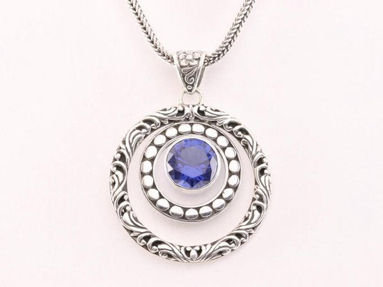 Traditionele bewerkte zilveren hanger met blauwe saffier aan vossenstaart ketting afbeelding 4