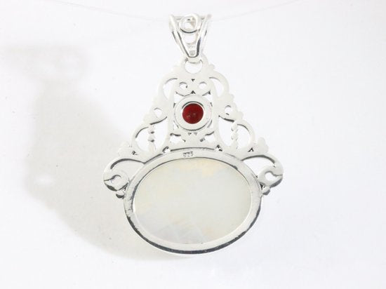 Opengewerkte zilveren hanger met regenboog maansteen en granaat afbeelding 3