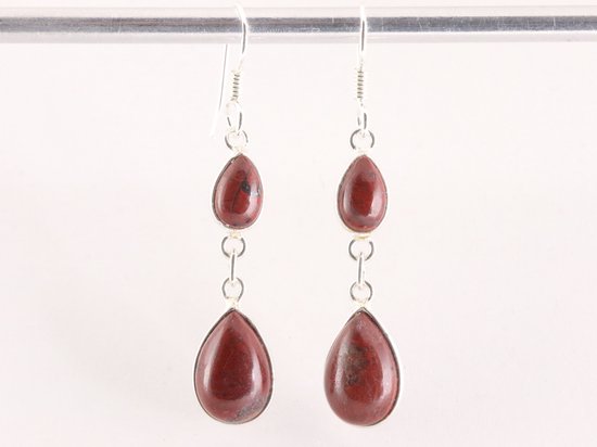 Fijne lange zilveren oorbellen met rode jaspis afbeelding 4
