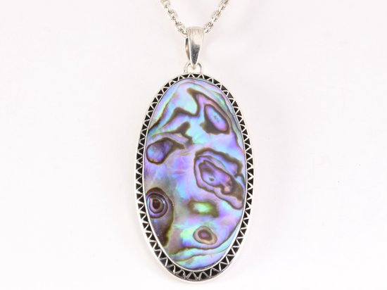 Bewerkte ovale zilveren hanger met grote abalone schelp aan ketting afbeelding 4
