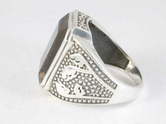 Zware bewerkte zilveren ring met rookkwarts afbeelding 2