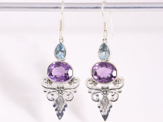 Lange zilveren oorbellen met amethist en blauwe topaas afbeelding 4
