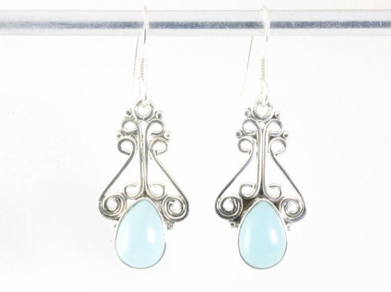 Opengewerkte zilveren oorbellen met blauwe chalcedoon afbeelding 3