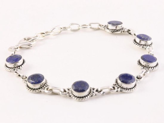Bewerkte zilveren schakelarmband met gefacetteerde lapis lazuli afbeelding 2