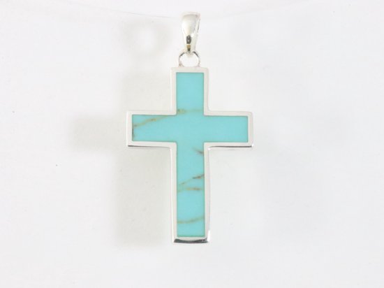 Fijne zilveren kruishanger met groene turkoois afbeelding 4