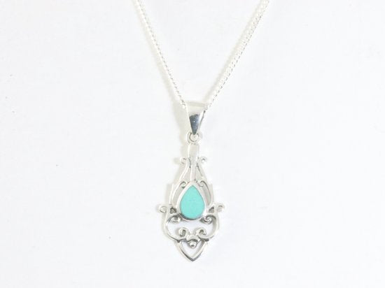 Fijne opengewerkte zilveren hanger met groene turkoois aan ketting afbeelding 4