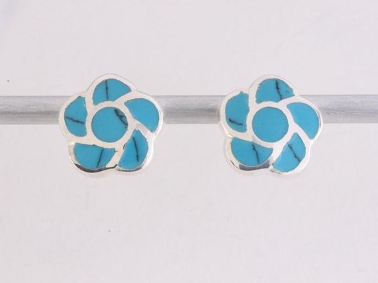 Bloemvormige zilveren oorstekers met blauwe turkoois afbeelding 4