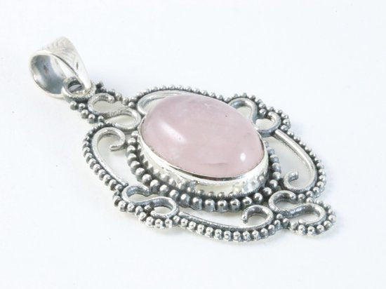 Opengewerkte zilveren hanger met rozenkwarts afbeelding 2