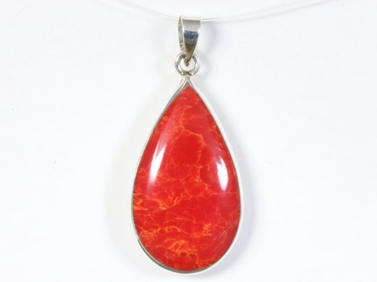 Druppelvormige zilveren hanger met rode koraal steen afbeelding 4
