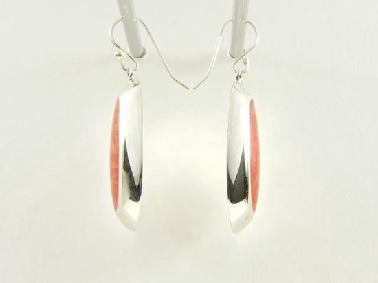 Ovale zilveren oorbellen met rode koraal steen afbeelding 3