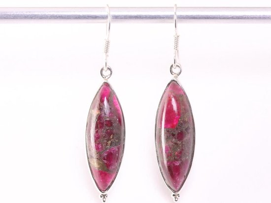 Lange zilveren oorbellen met rode koperturkoois afbeelding 4