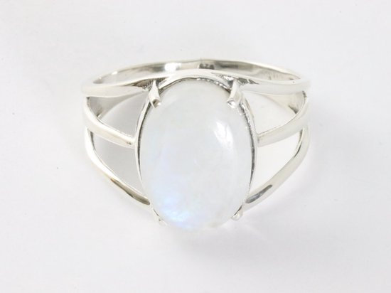 Opengewerkte zilveren ring met regenboog maansteen afbeelding 4