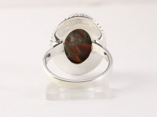 Zware bewerkte zilveren ring met rode koperturkoois afbeelding 3