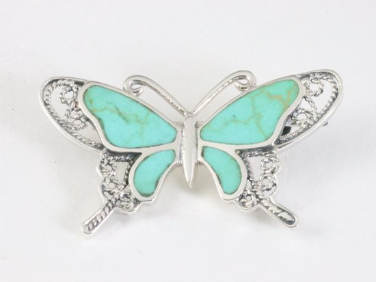Zilveren vlinder broche met groene turkoois afbeelding 1