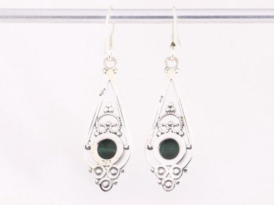 Lange opengewerkte zilveren oorbellen met malachiet afbeelding 3