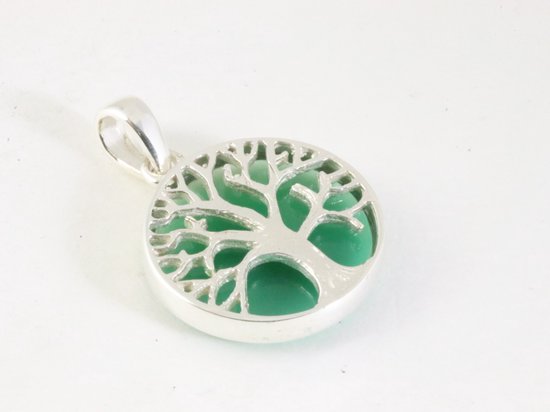 Fijne ronde zilveren hanger met levensboom op groene agaat afbeelding 2