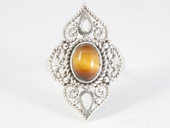 Opengewerkte zilveren ring met tijgeroog afbeelding 4