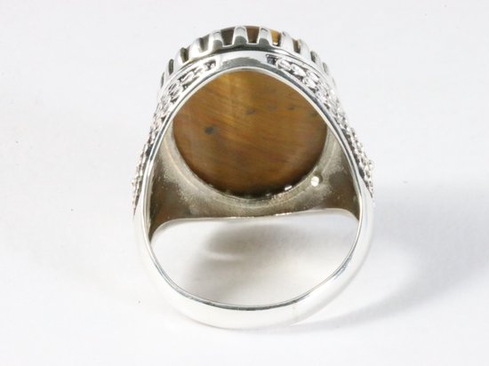 Zware bewerkte zilveren ring met tijgeroog afbeelding 3