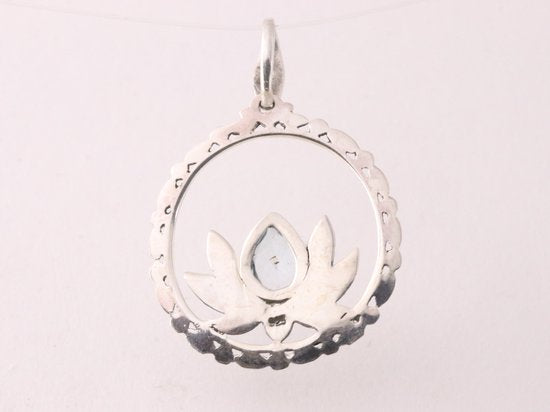 Ronde zilveren lotus bloem hanger met blauwe topaas afbeelding 3